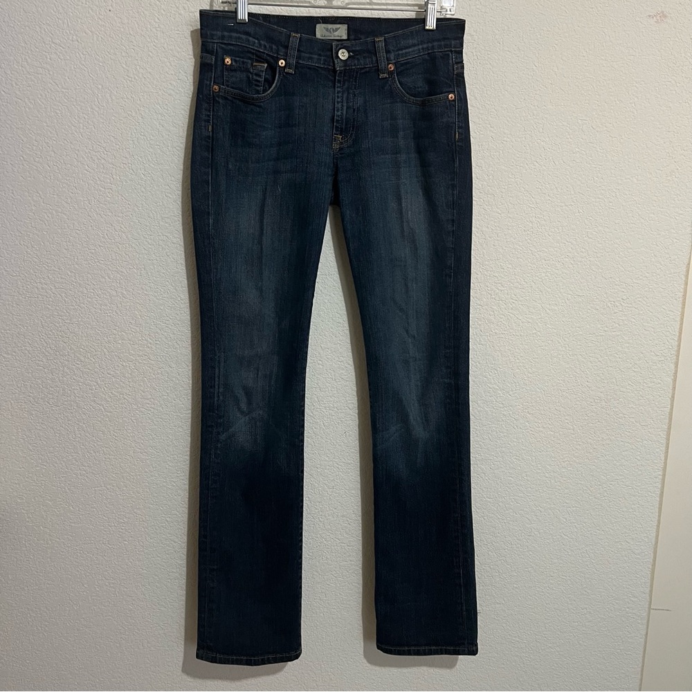 Uncharted Territory Dark Wash Lightly Distressed Straight Leg Jeans Size 27 Tall